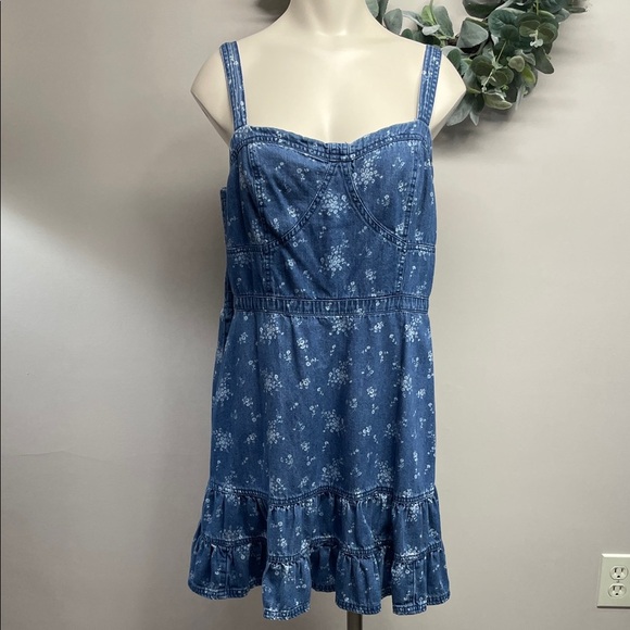 American Eagle Corset Fit and Flare Floral Print Sleeveless Denim Mini Dress XL - Picture 1 of 16